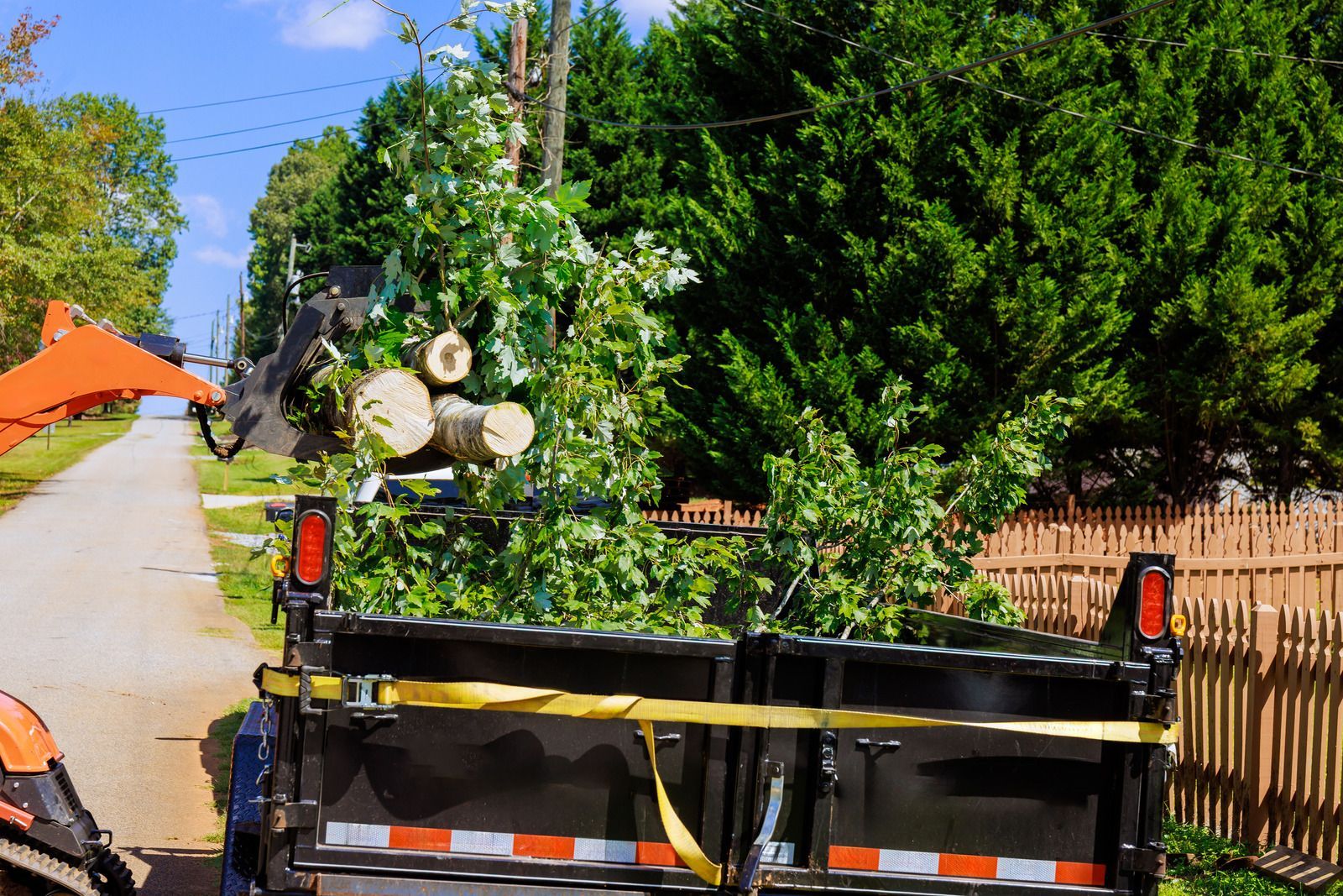 A utility trailer carrying freshly cut tree branches and logs, attached to an orange tractor on a quiet road.