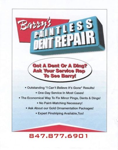 Barry’s paintless dent repair ad with blue and red logo, service list, and phone number 847-877-6901