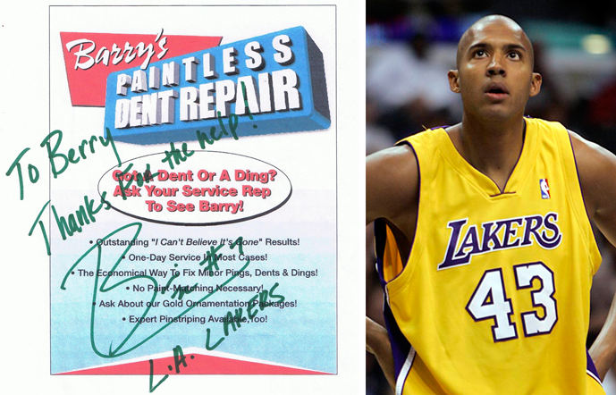 Parody ad for “Barry’s Toothless Dent Repair” beside a Lakers player in a yellow jersey