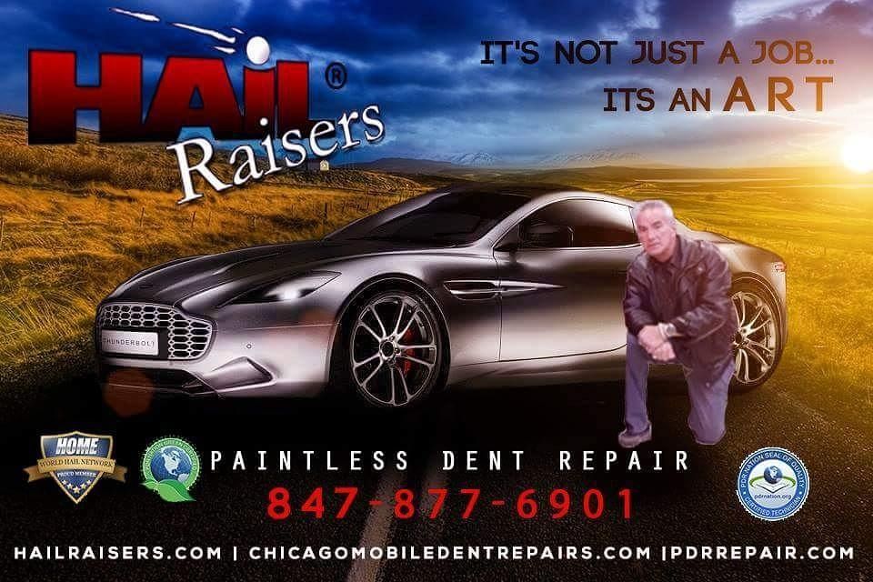 Hail Raisers paintless dent repair ad with a silver sports car, man, and contact number 847-877-6901