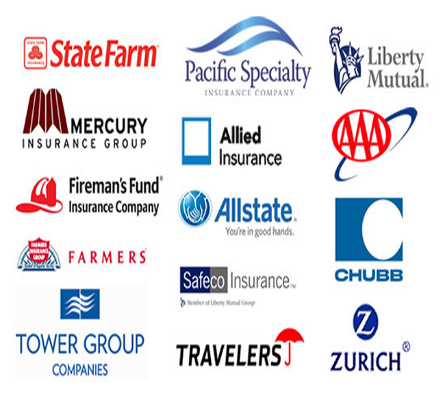 Collage of insurance company logos, including State Farm, Liberty Mutual, Allstate, Travelers, Zurich, and Chubb.