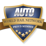 Auto World Hail Network proud member shield logo in blue and gold