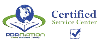 PDR Nation Certified Service Center logo with globe, green ring, blue text, and checkmark icon