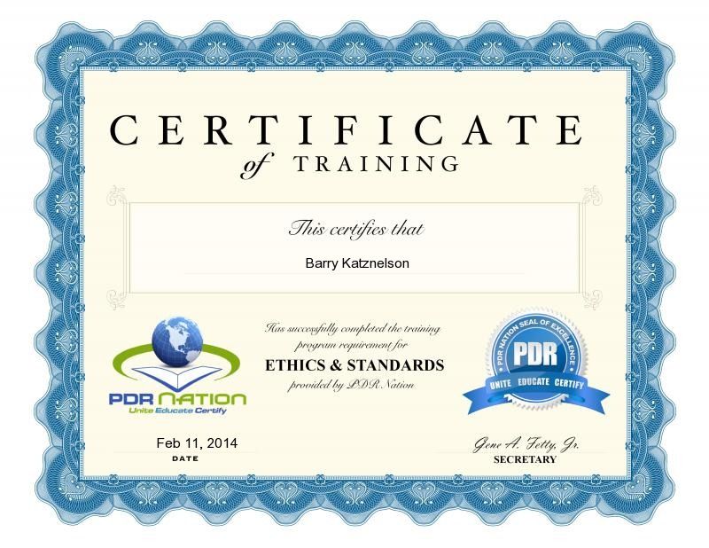 Blue-bordered certificate of training with PQR Nation logos and the title “Ethics & Standards”