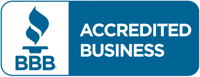 A blue and white sign that says accredited business