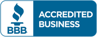 A blue and white sign that says accredited business