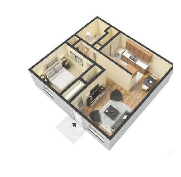 Floor plan of an apartment showing a bedroom, bathroom, kitchen, and living area with furniture.