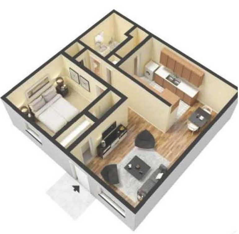 Floor plan of a one-bedroom apartment. Features a bedroom, bathroom, kitchen, dining area, and living room.