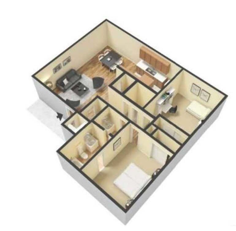 Isometric view of an apartment floor plan. Features a living room, dining area, kitchen, two bedrooms, and a bathroom.