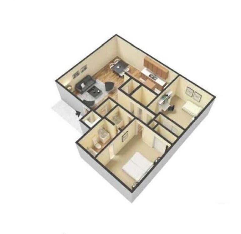 3D floor plan of an apartment with living room, kitchen, bedroom, and bathroom layout. Brown and beige tones are used throughout the apartment.