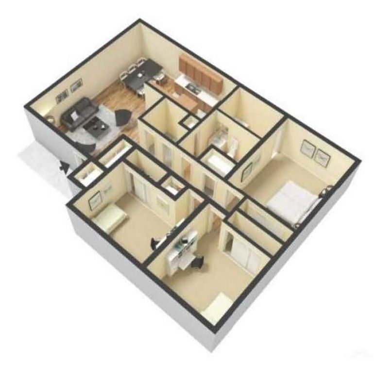 Floor plan of an apartment, showing living room, kitchen, two bedrooms, and bathroom. Neutral colors and minimalist furniture.