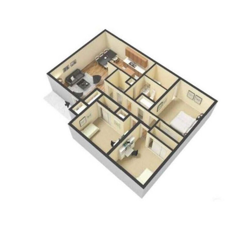 Floor plan of a two-bedroom apartment, showing the layout of rooms including a kitchen, living area, and bathrooms.