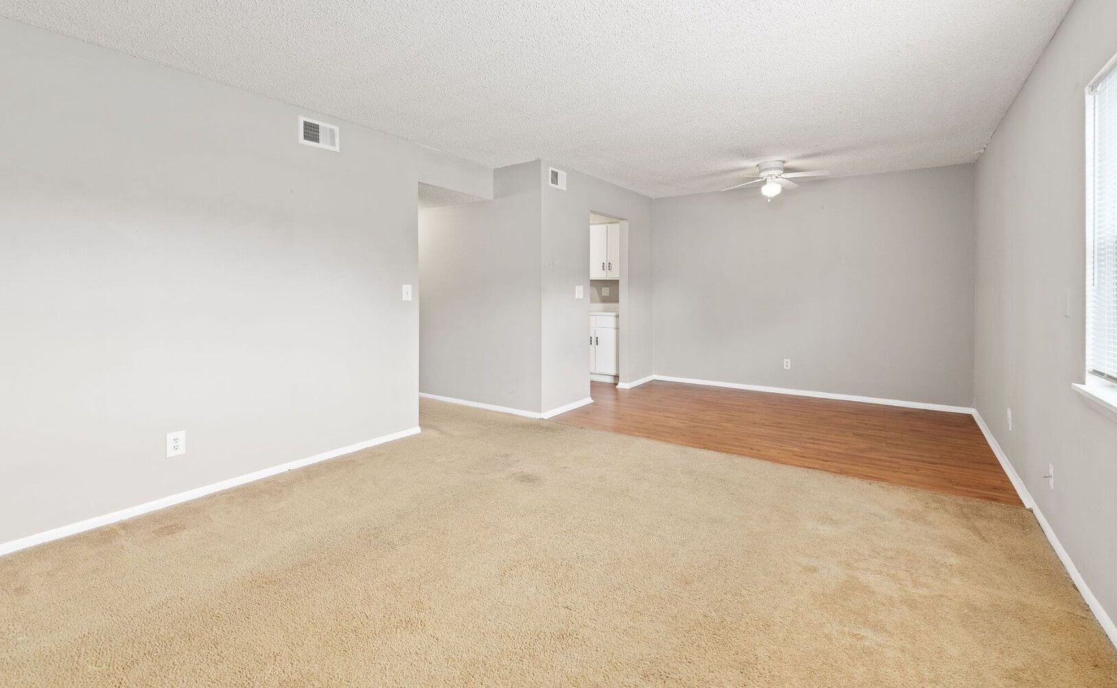 Empty apartment living room with beige carpet, gray walls, and a partial view of the kitchen with wood flooring.