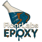 Logo for FloorLabs Epoxy featuring a flask pouring blue and brown swirled epoxy over the company name.