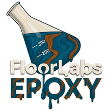 Logo for FloorLabs Epoxy featuring a flask pouring blue and brown swirled epoxy over the company name.