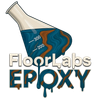 Logo for FloorLabs Epoxy featuring a flask pouring blue and brown swirled epoxy over the company name.