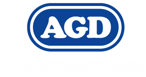 Logotipo ovalado azul con el texto blanco "AGD".