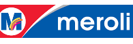 Logotipo de Meroli, texto azul sobre fondo azul. La "M" está dentro de un círculo rojo con un arco colorido.