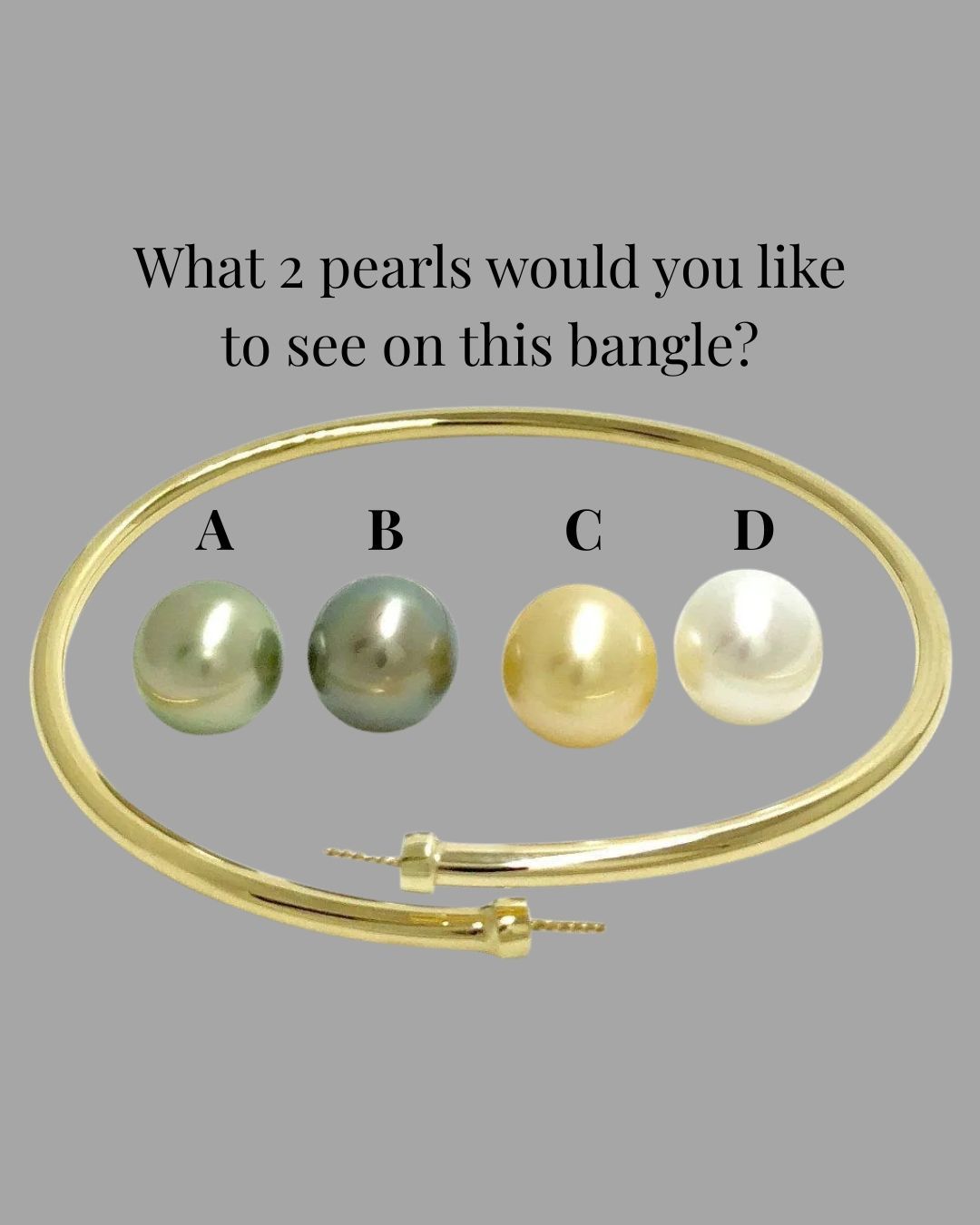 A gold bangle surrounded by four pearls labeled A (green), B (dark gray), C (gold), and D (white) for a voting campaign.