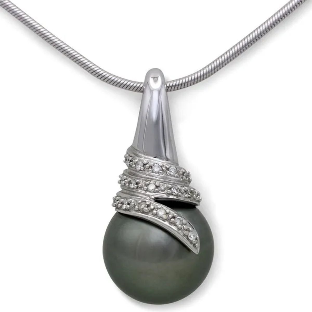 A pendant on a silver chain featuring a large dark gray pearl topped with a spiraling, diamond-encrusted silver design.