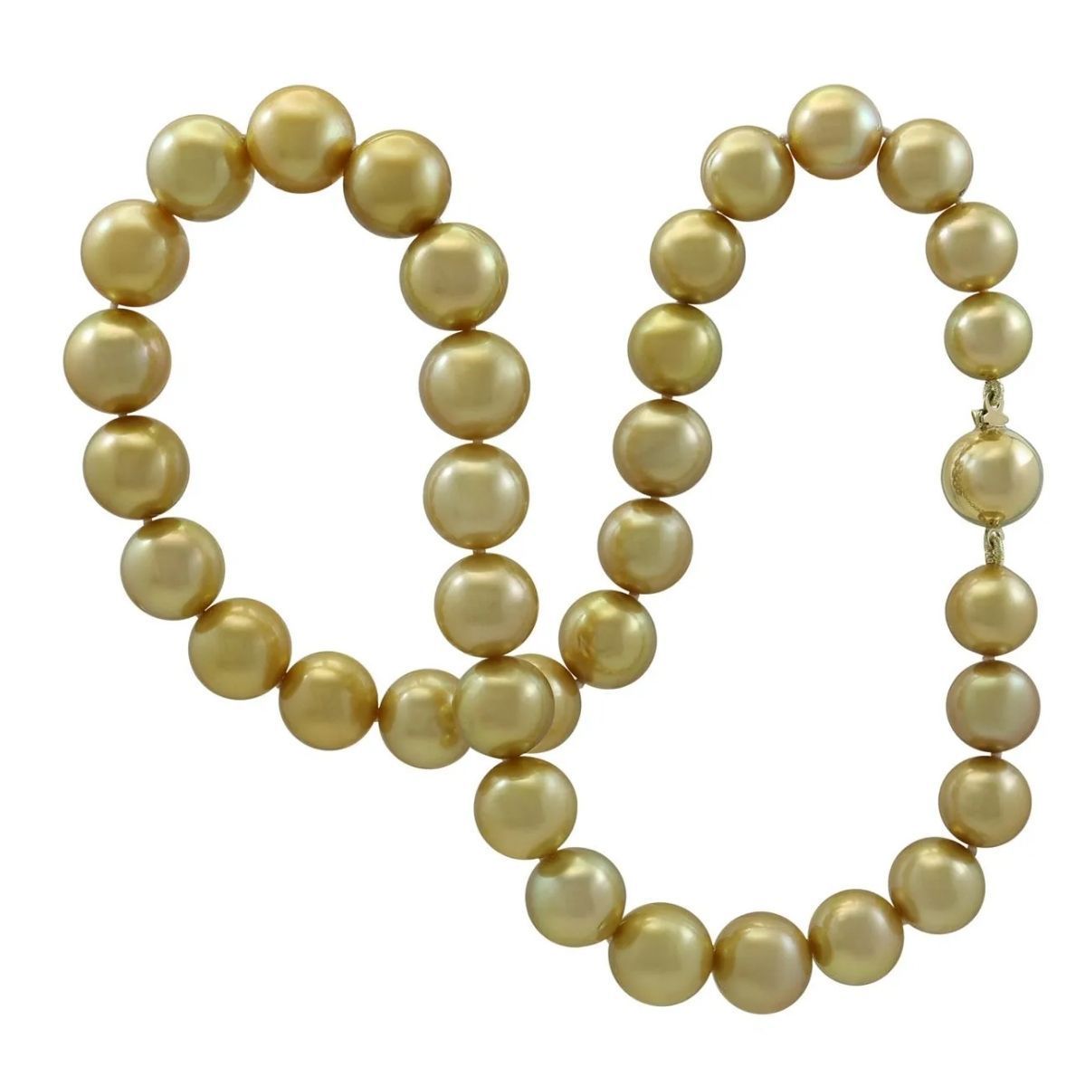 A necklace made of round, lustrous golden pearls arranged in a loose, double-looped shape against a plain white background.