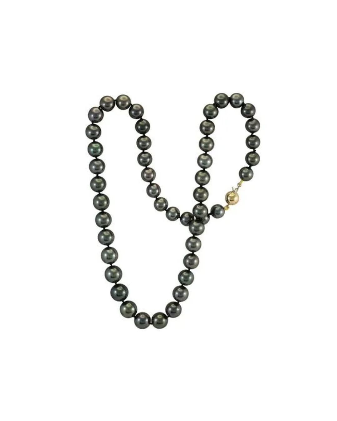 A string of dark, lustrous pearls against a plain white background, joined by a small, spherical gold clasp.