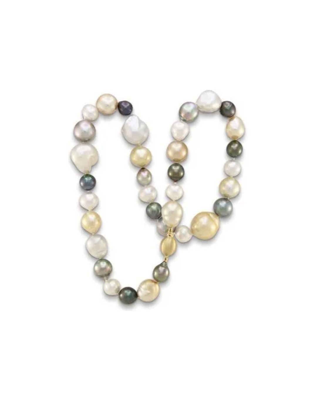 A necklace made of irregularly shaped, multi-colored pearls in shades of white, cream, gold, and dark grey.