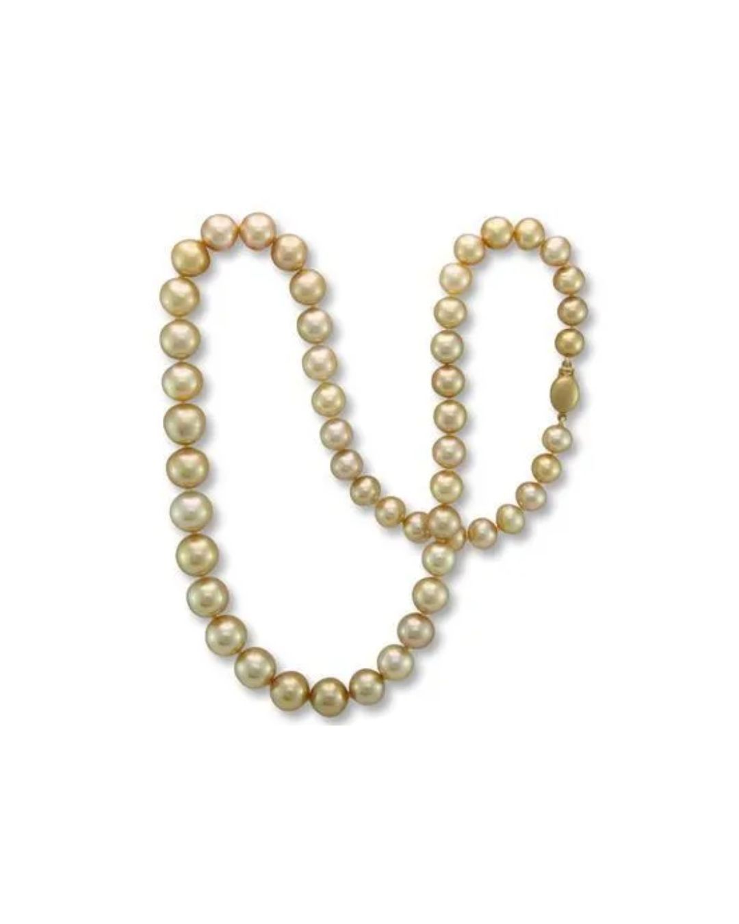 A necklace of luminous, golden-hued pearls arranged in a loose, looping figure-eight pattern against a plain background.