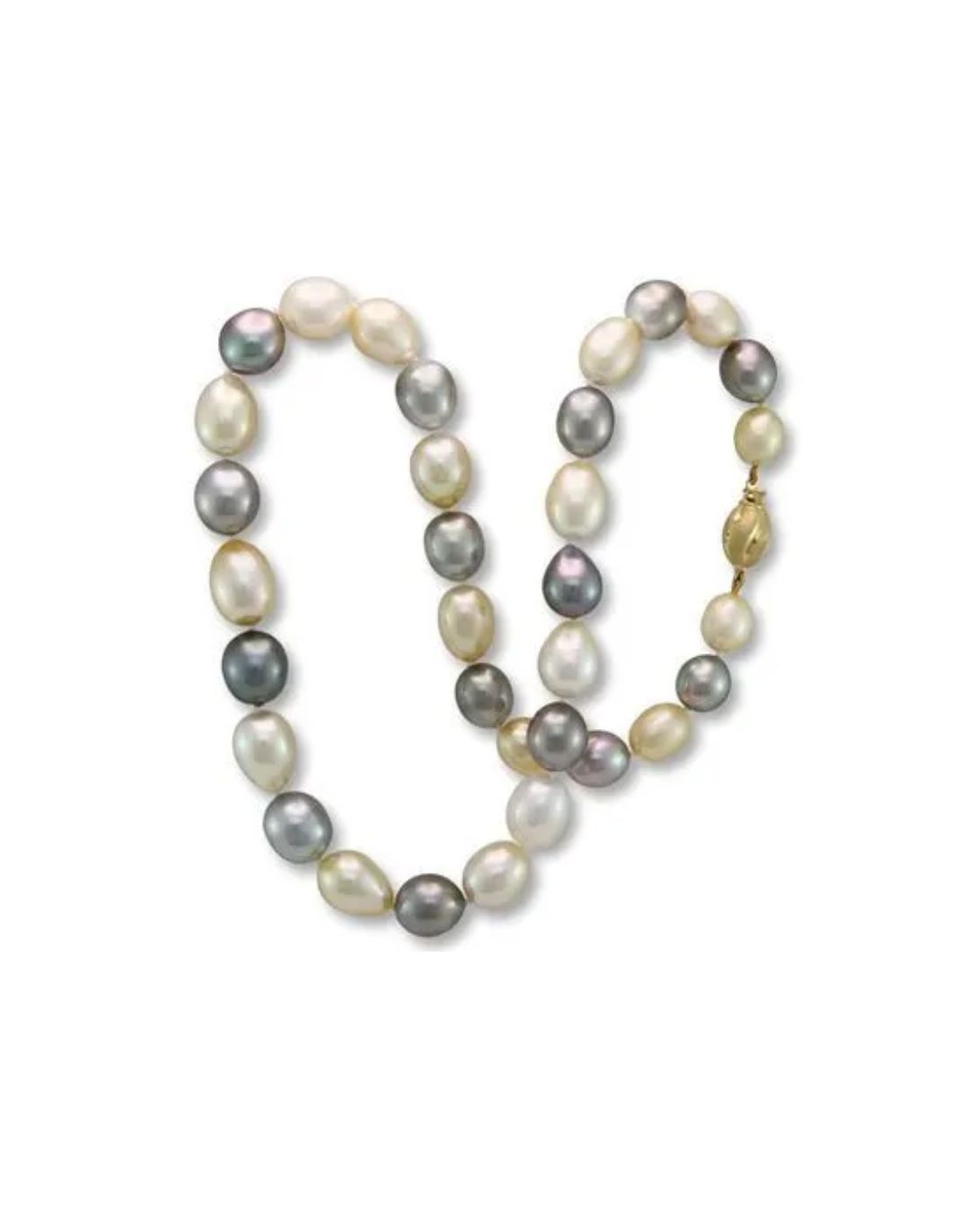 A necklace of iridescent, multi-toned baroque pearls in shades of white, gray, and dark metallic on a gold clasp.