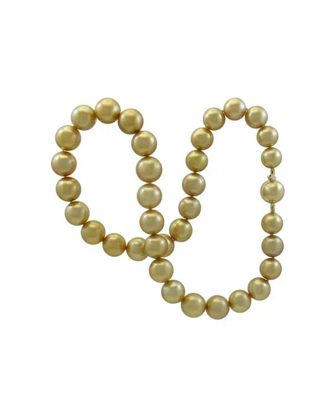A necklace made of round, lustrous golden pearls arranged in a looping, figure-eight shape against a white background.