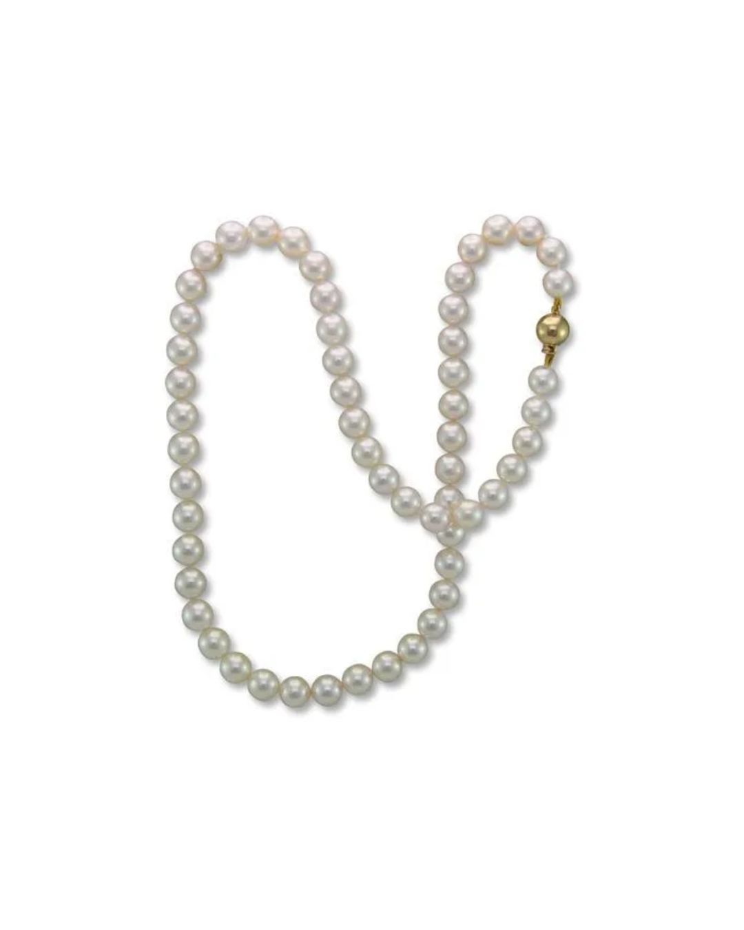 A strand of white pearls with a spherical gold clasp, arranged in a looped pattern against a white background.