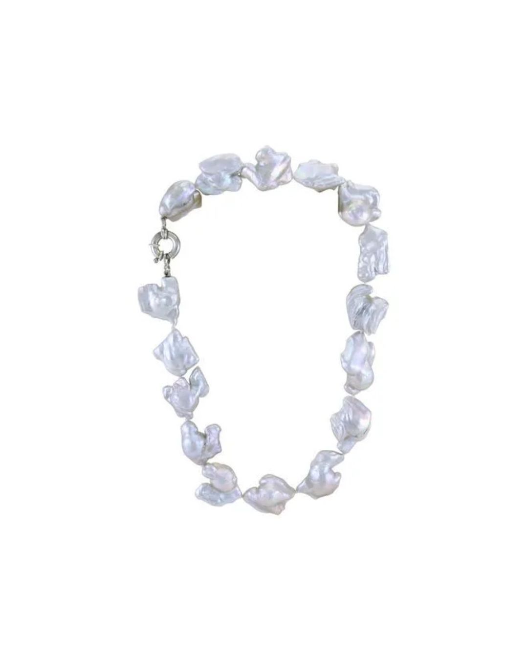 A necklace of irregular, iridescent white baroque pearls featuring a silver-toned circular clasp on a plain background.