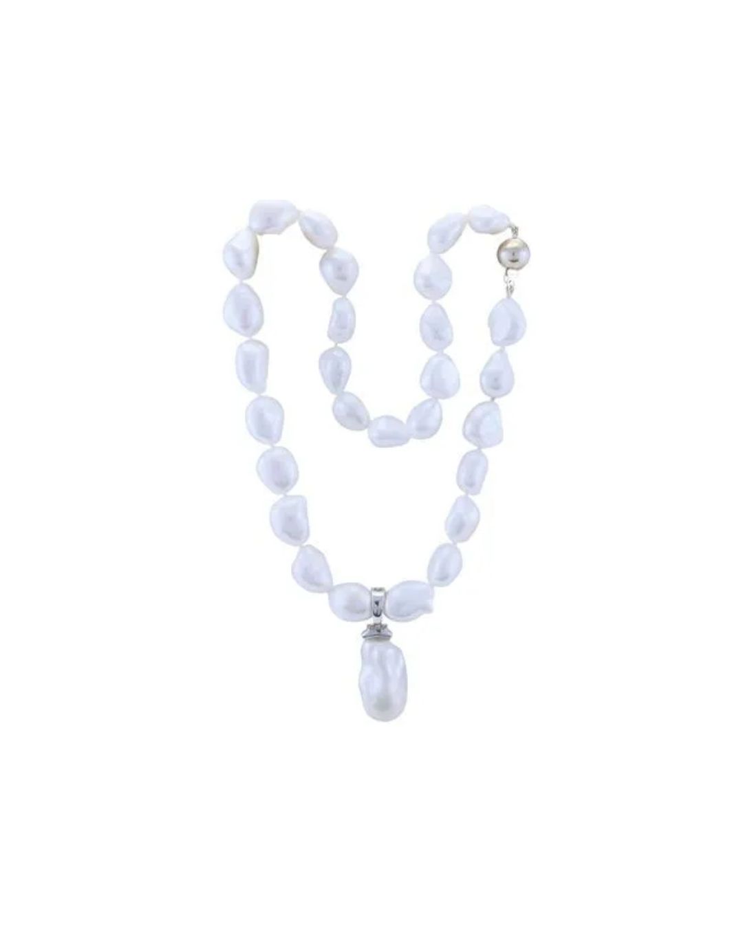 A white baroque pearl necklace with a matching pear-shaped drop pendant on a silver clasp against a white background.