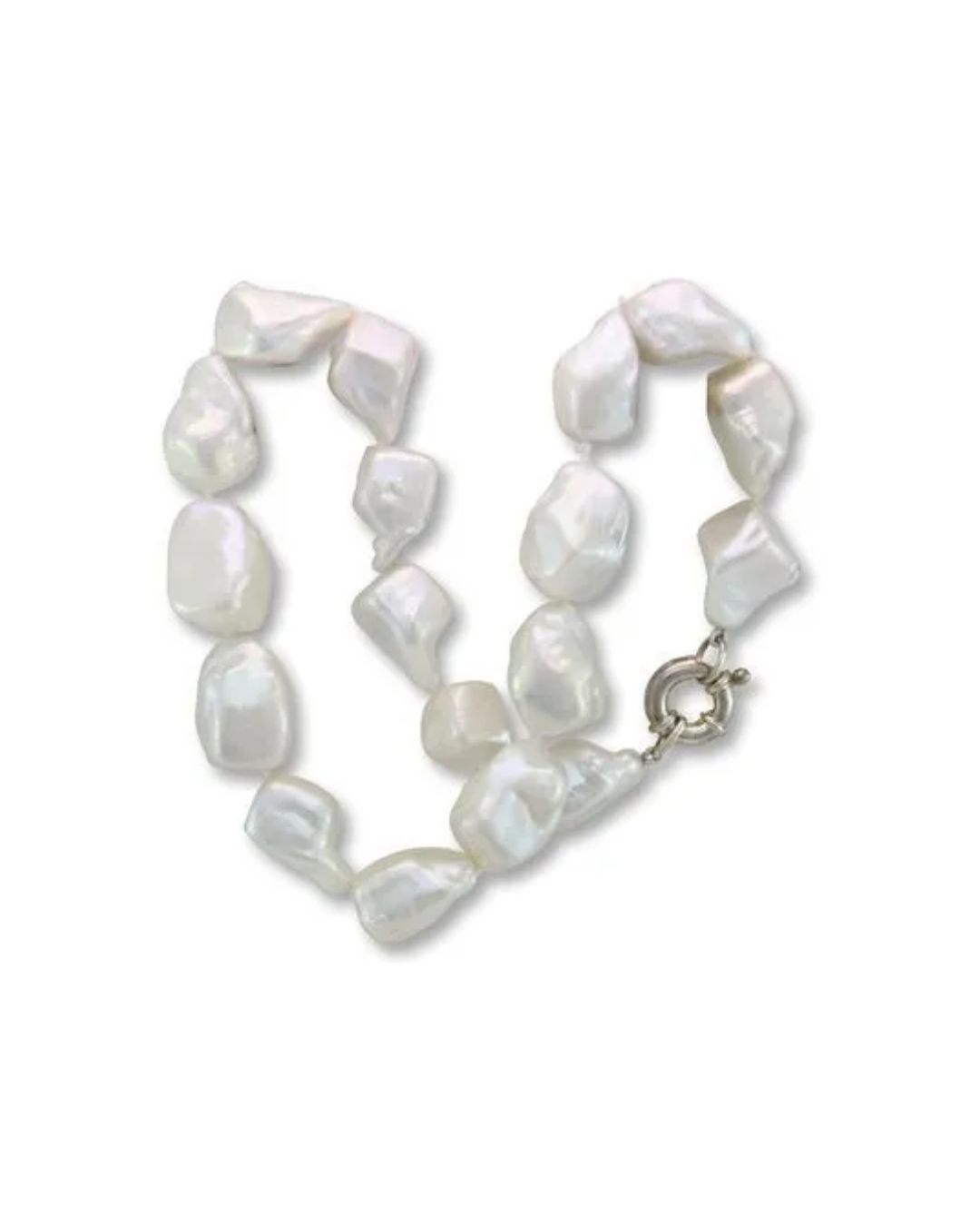 A white baroque pearl necklace arranged in a heart shape against a white background, featuring a silver spring-ring clasp.