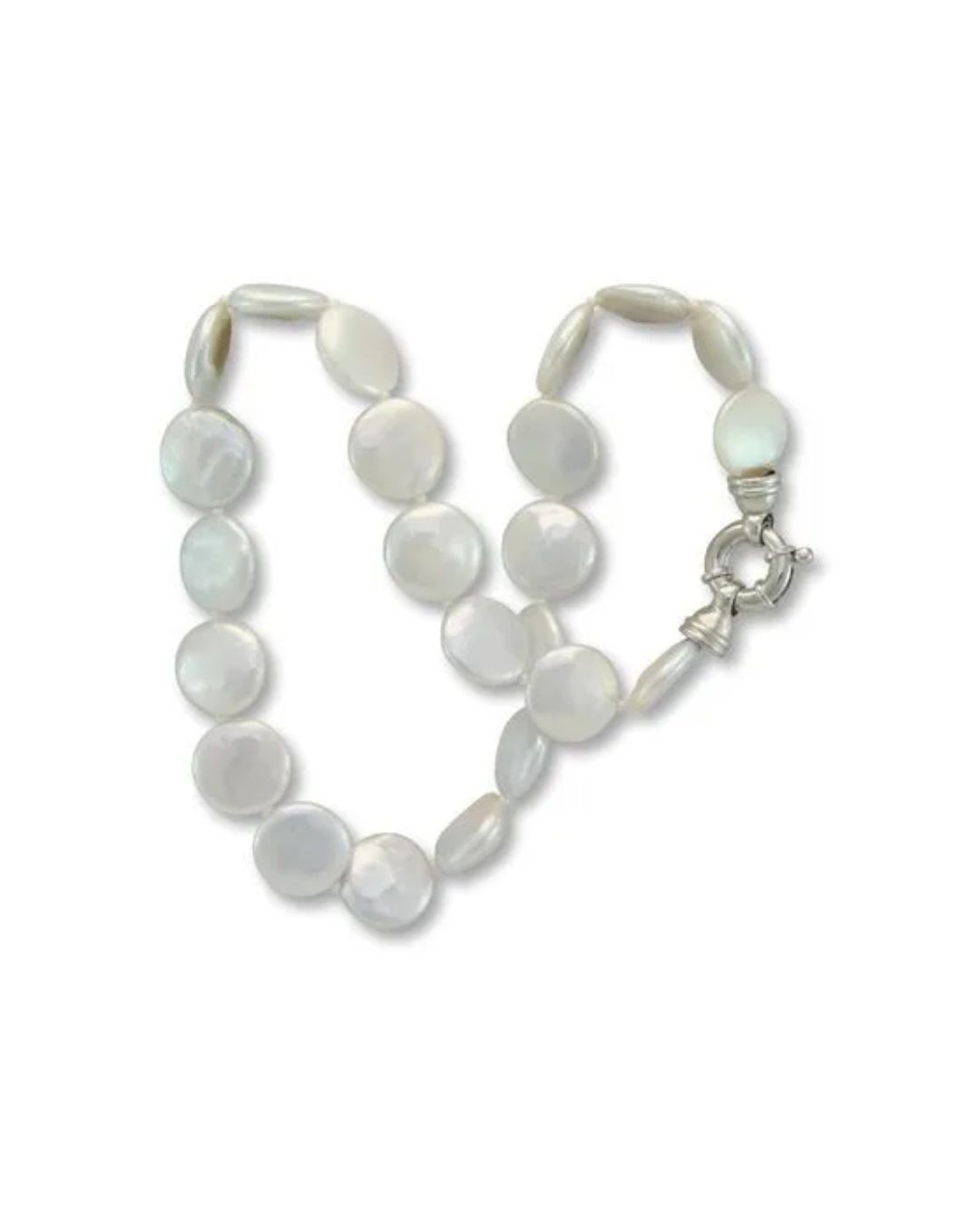 A necklace made of flat, circular white pearl beads connected by a silver lobster clasp on a white background.