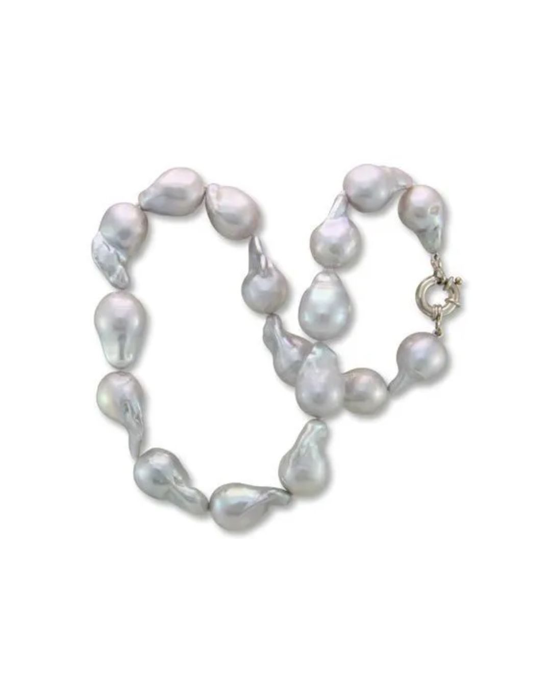 A necklace made of large, lustrous, irregular baroque pearls with a silver circular clasp on a white background.