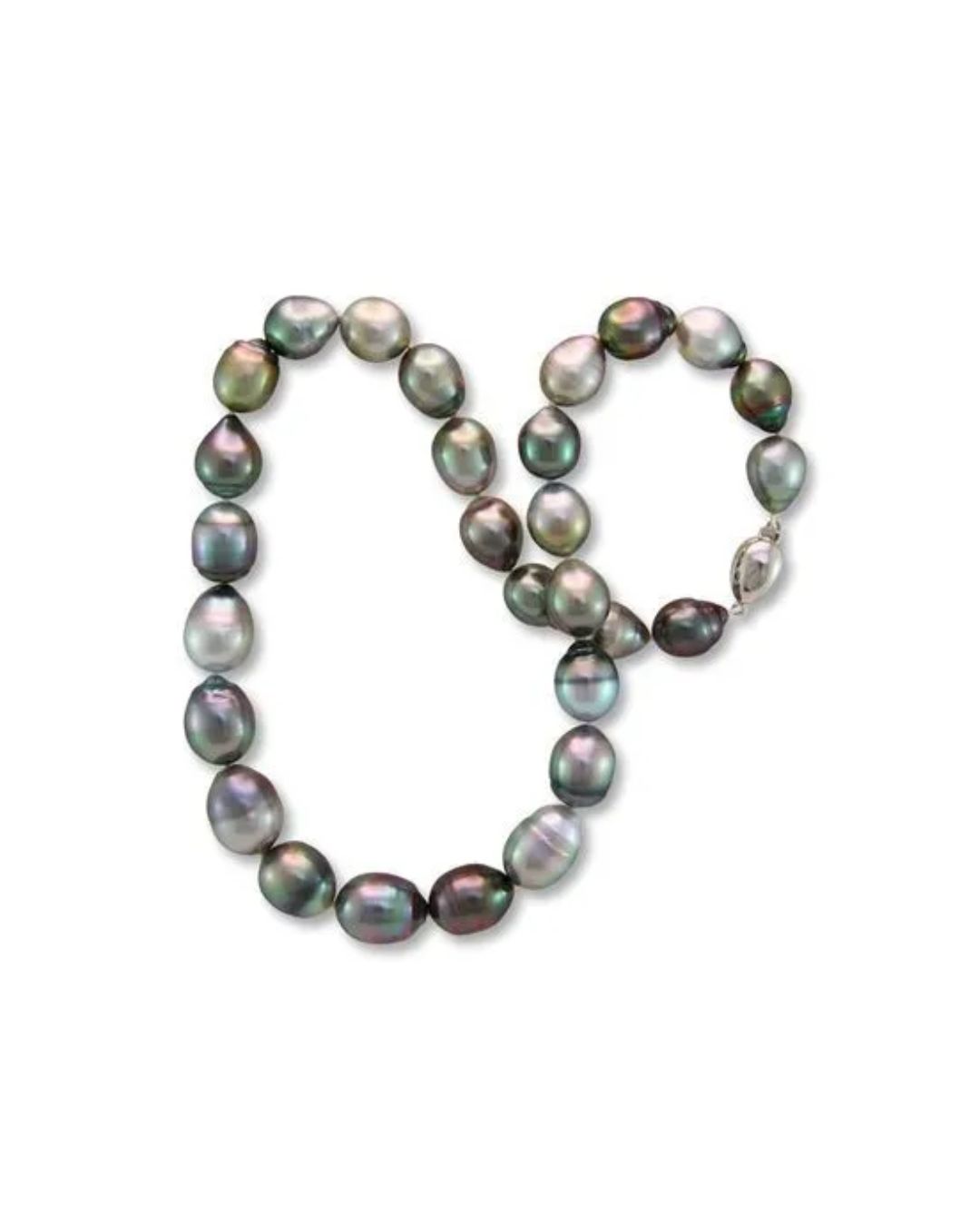 A string of iridescent, dark-hued baroque pearl beads with a silver clasp, displayed against a plain white background.