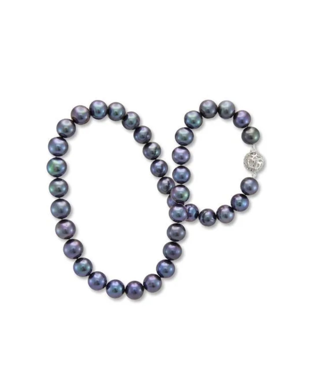 A single strand of lustrous, dark gray or black pearls with a decorative silver circular clasp.