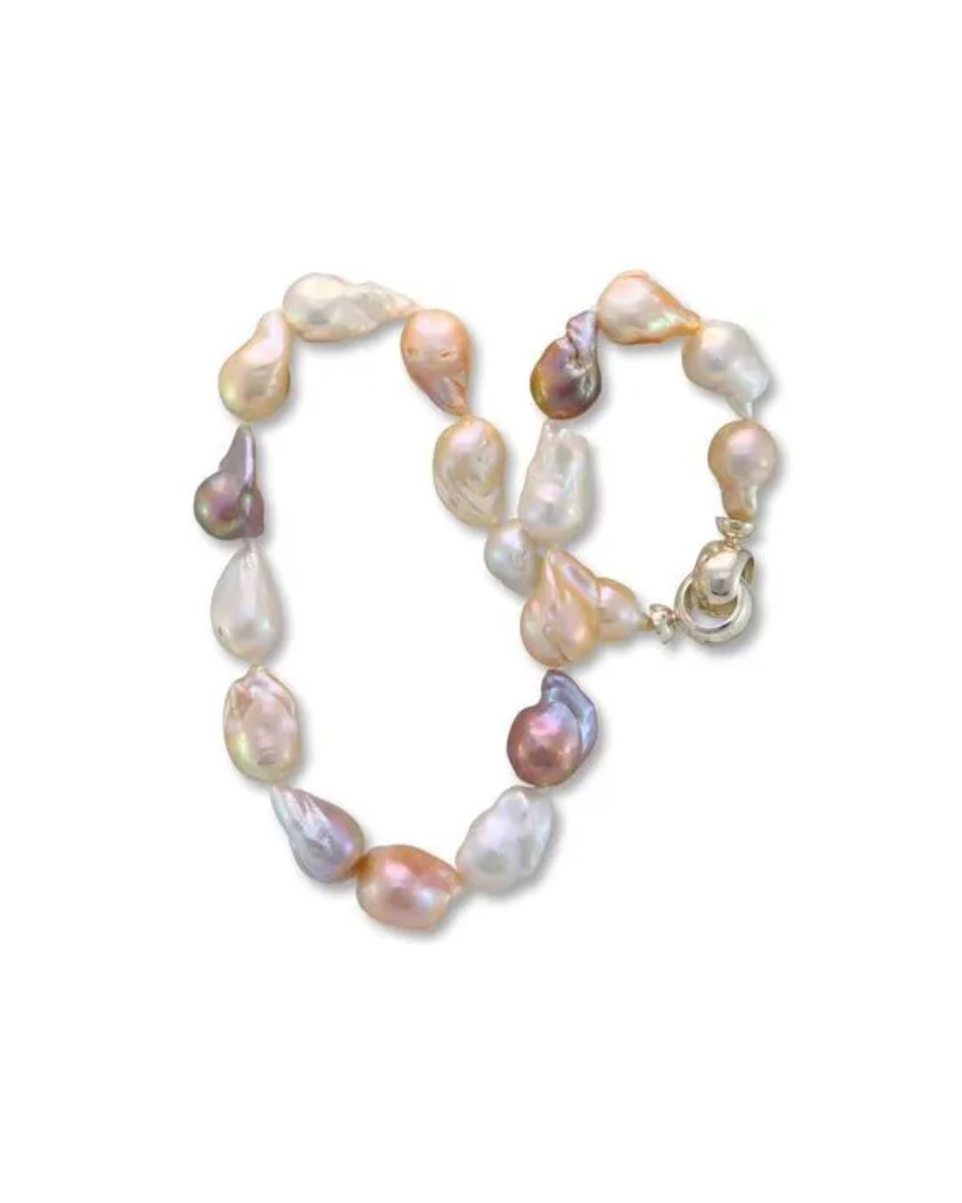 A necklace of multi-colored, iridescent baroque pearls with a silver clasp on a white background.