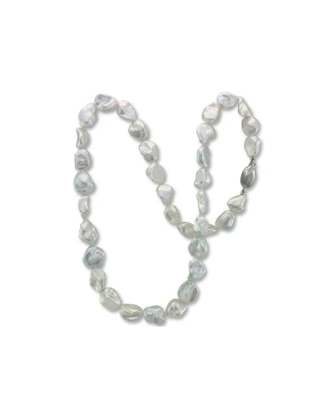A string of irregular, lustrous white baroque pearls on a white background.