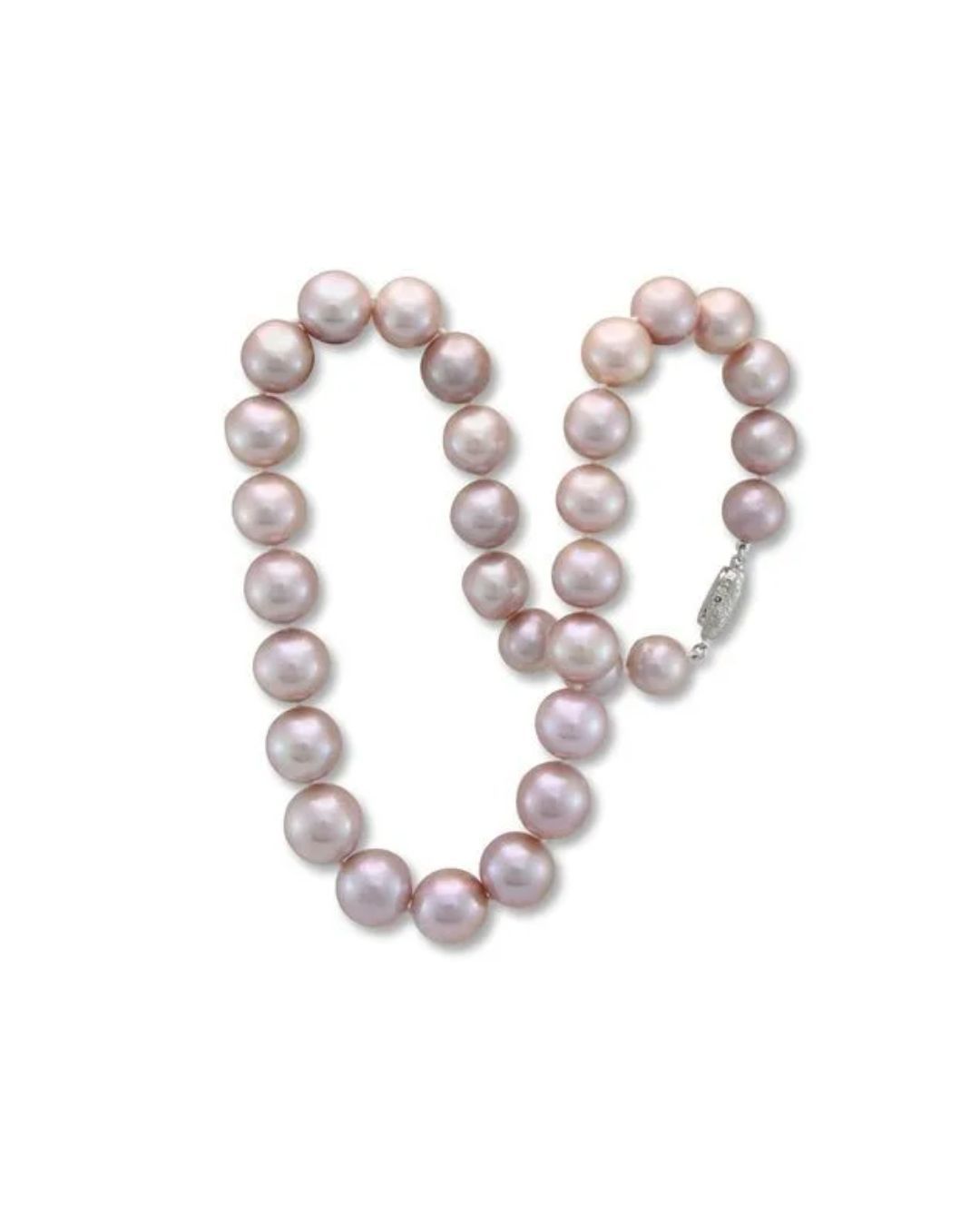 A single strand of pale pink, round pearls arranged in a loop against a plain white background.