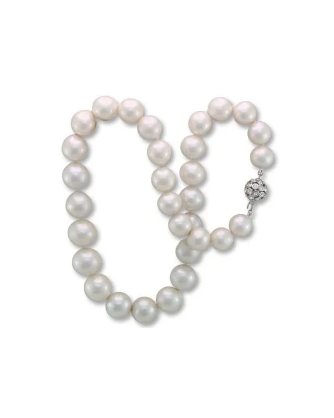 A single strand of white, round pearls with a decorative, sparkling spherical clasp against a plain white background.