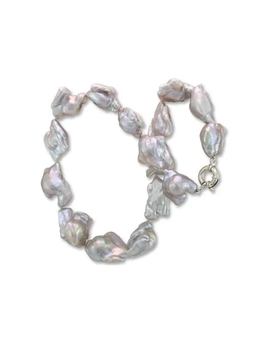 A necklace made of large, iridescent, irregularly shaped baroque pearls with a silver circular clasp.