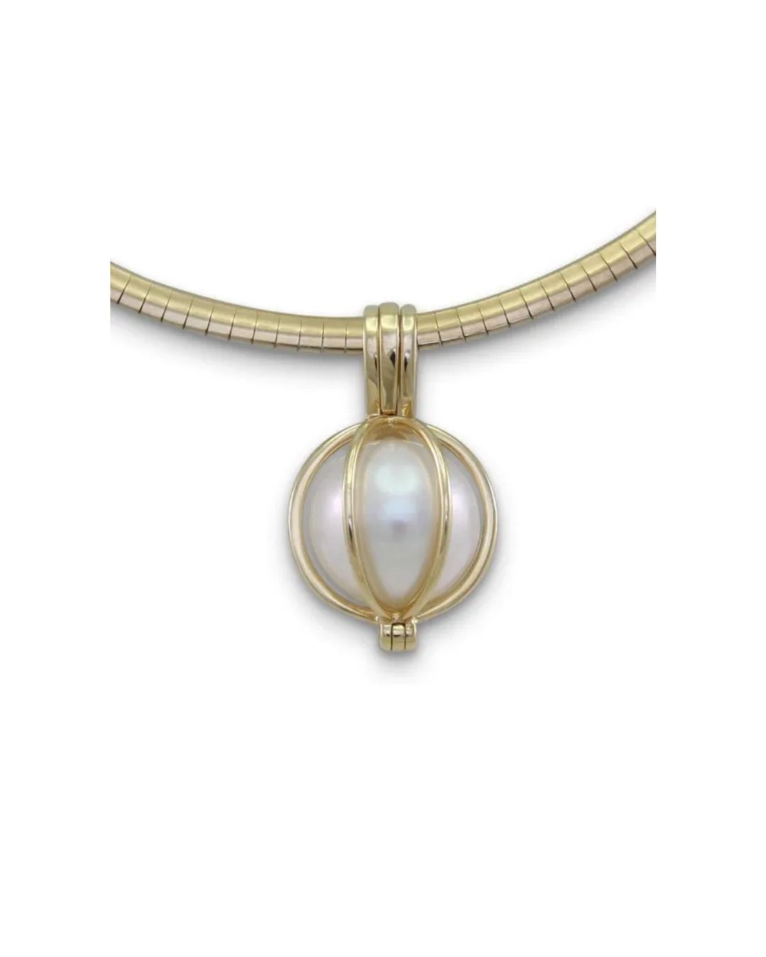 A gold-tone pendant featuring a white pearl held within an ornate, spherical wire cage, attached to a thin gold chain.