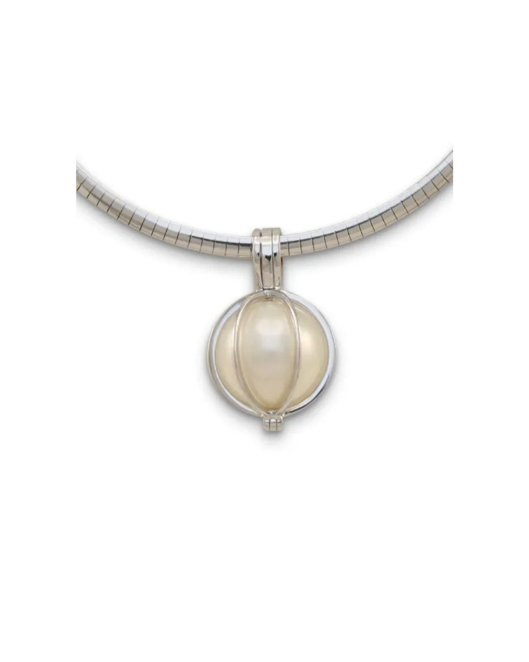 A white pearl in a silver spherical cage pendant hanging from a silver omega chain necklace.