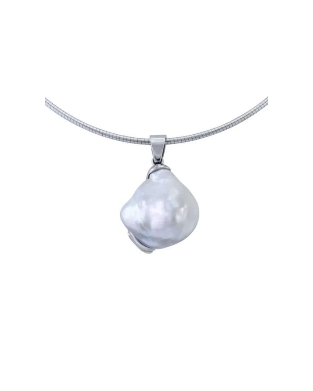 A silver snake chain necklace featuring a large, iridescent white baroque pearl pendant against a white background.