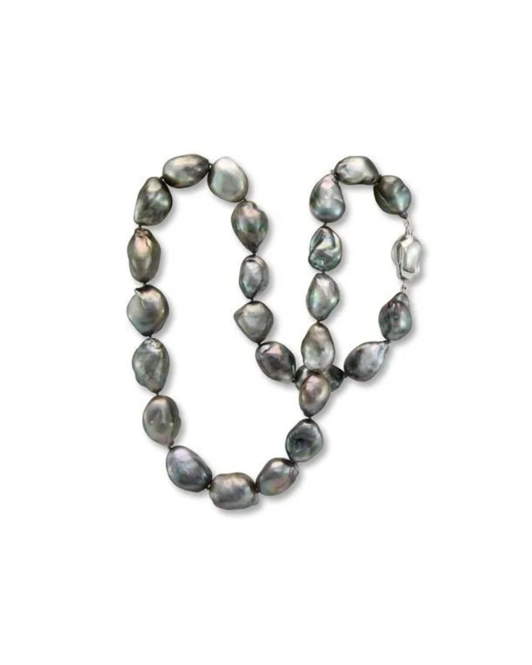 A strand of baroque-shaped, iridescent dark gray pearls arranged in an oval against a white background.