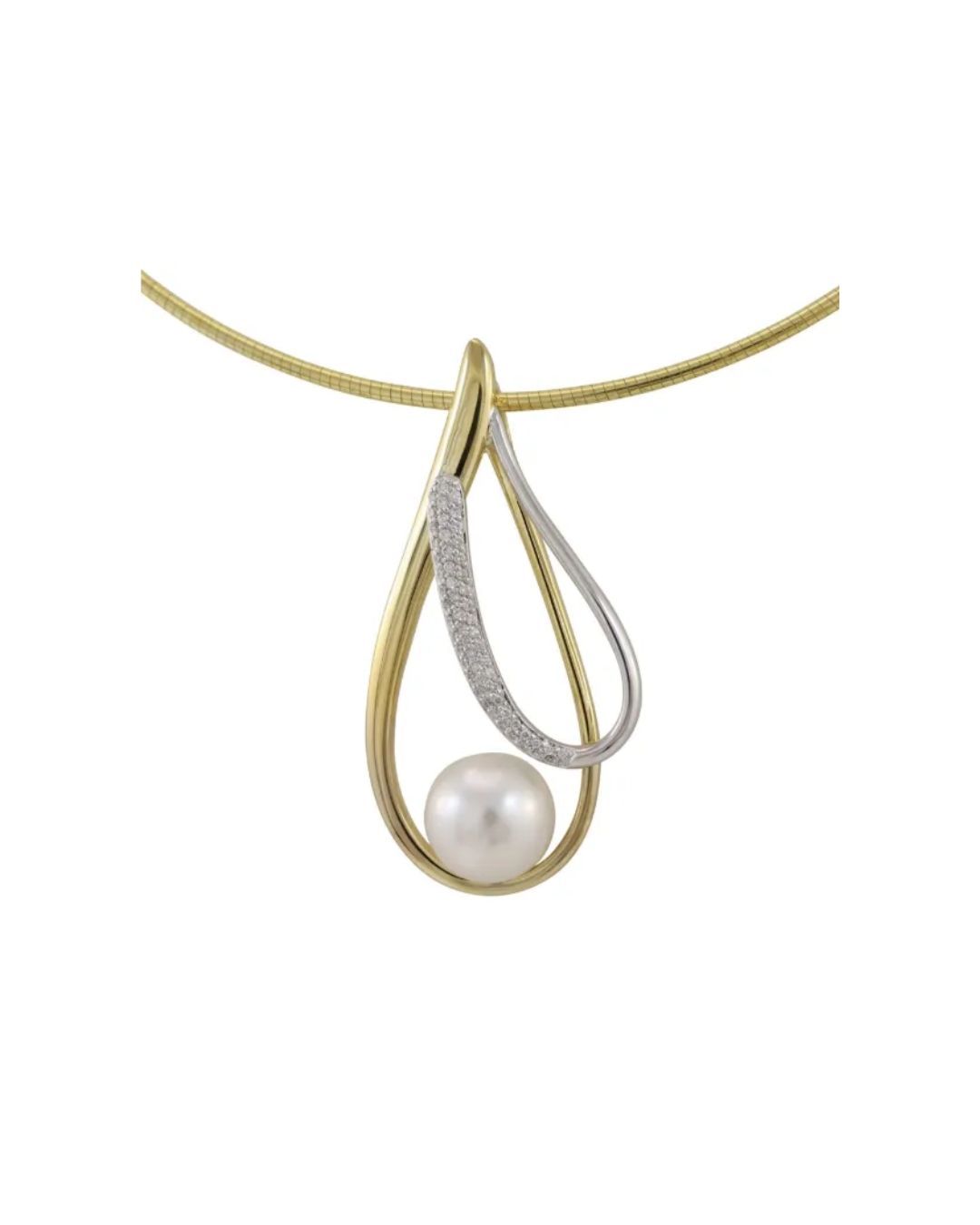 A gold pendant with a pearl inside a teardrop frame, accented by a smaller diamond-encrusted silver loop on a gold chain.