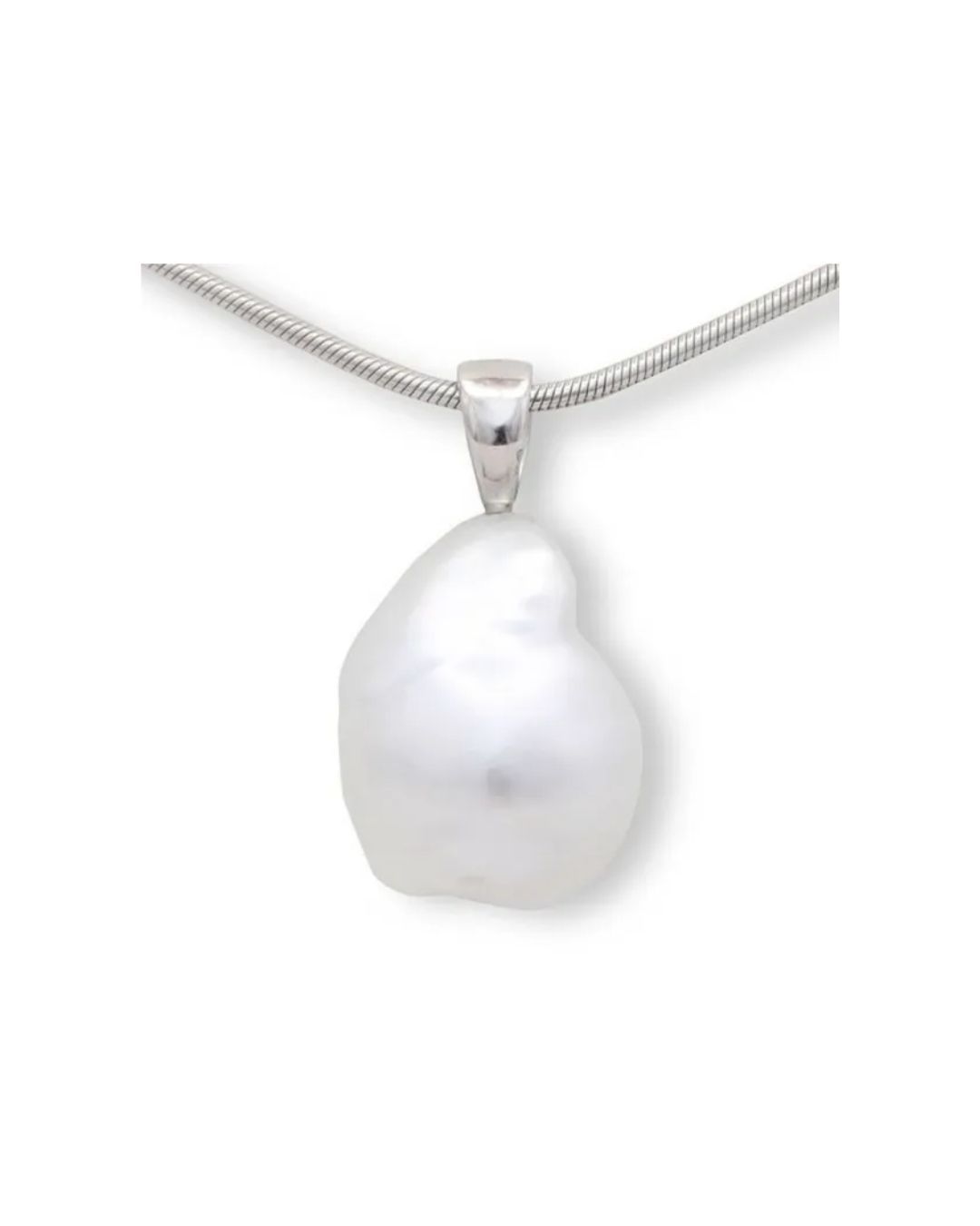 A white, irregular-shaped baroque pearl pendant hanging from a silver snake chain necklace.