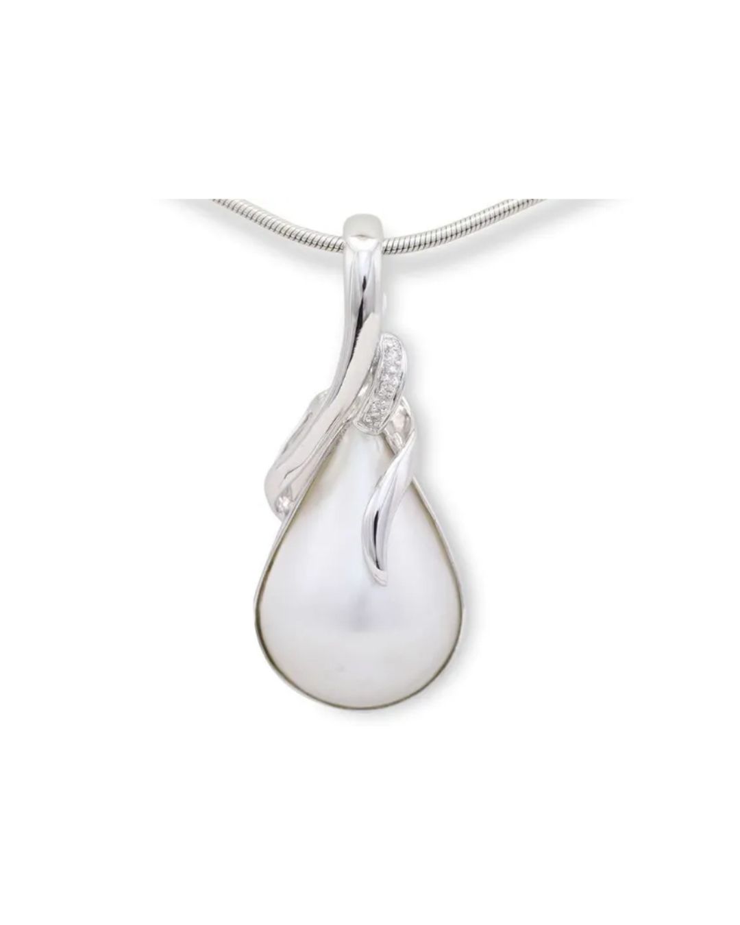 A white teardrop pearl pendant with a silver swirl accent and small clear stones, hanging from a thin silver chain.